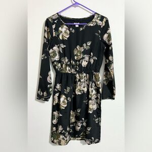 J. Crew Tulip hem long-sleeved black floral print knee length dress, size 0
